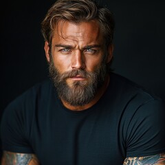 Fototapeta premium Muscular Man with a Beard Wearing a Black Long T-Shirt