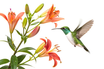 Obraz premium Green Hummingbird Hovering Near Orange Lilies on White Background