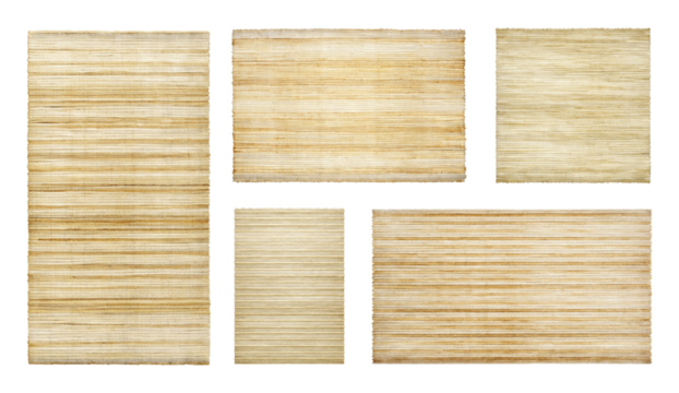 Collection of five aged paper textures in various sizes isolated on transparent background