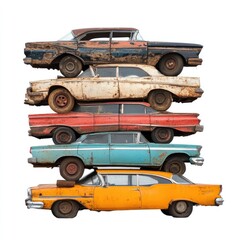 Stacked vintage cars, rusty and weathered