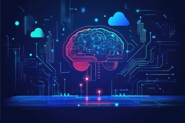 Futuristic brain with circuit board overlay, illuminated by glowing points, against a dark background.  Cloud elements suggest connectivity
