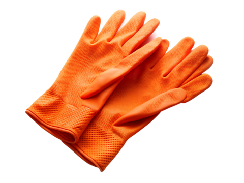 pair of orange rubber glove for cleaning isolated on white background, PNG