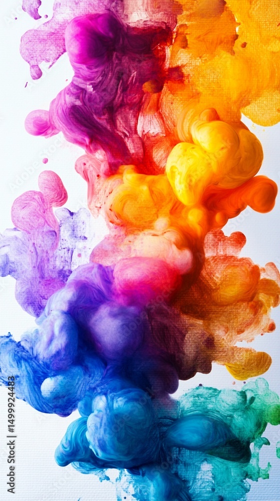 Poster vibrant ink explosion capturing a mesmerizing dance of colors, blending from cool blues to fiery ora
