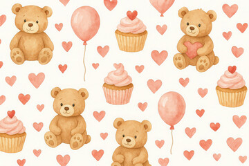 Watercolor illustration features teddy bears, pink balloons, cupcakes, hearts on white background. Seamless repeat pattern design perfect for baby decor, children products