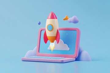Cartoon rocket launching from a laptop, pastel colors