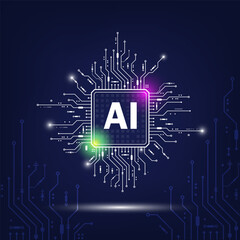 Artificial intelligence icon on integrated circuit board with electric lines branching in all directions. Concept of AI technology, innovation, microchip, and digital connectivity.