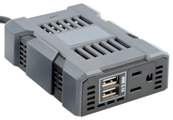 Car, vehicle power inverter. 100, 120 Watt continuous 240 Watt. Power inverter. Two universal USB ports shared 5 Volt 3.1Amp for phone, mobile devices and accessories. 12 Volt cigar plug. DC socket