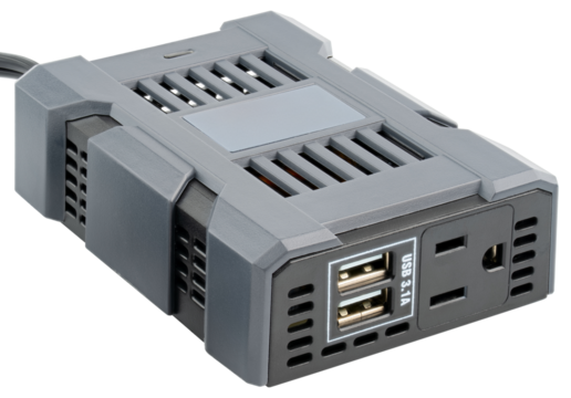 Car, vehicle power inverter. 100, 120 Watt continuous 240 Watt. Power inverter. Two universal USB ports shared 5 Volt 3.1Amp for phone, mobile devices and accessories. 12 Volt cigar plug. DC socket
