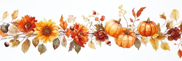 Watercolor autumnal garland with sunflowers, leaves, pumpkins, and acorns