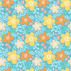 Colorful and fresh vector repeat pattern with flowers on a blue  background. Hand-drawn style.