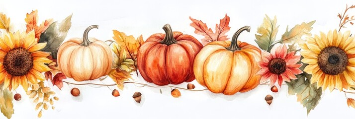 Watercolor autumnal border with pumpkins, sunflowers, and leaves