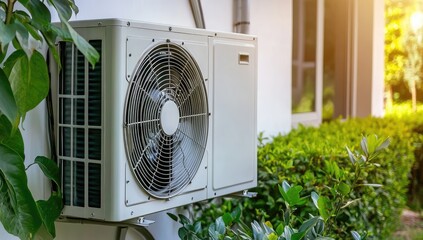 Outdoor air conditioner unit mounted on a light-colored wall, surrounded by greenery. Sunlight filters through the foliage