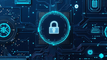 A futuristic digital background featuring a glowing white settings icon on a detailed circuit board. Neon blue lighting illuminates the scene, emphasizing cybersecurity elements. Dark navy tones domin