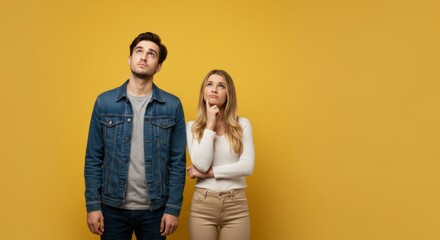 Thoughtful young couple in casual wear pondering against yellow background