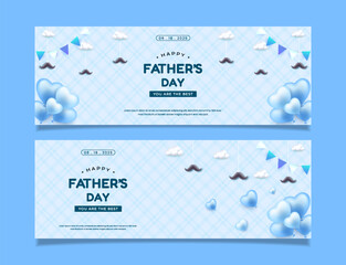 Set Blue Themed Fathers Day Banners with Balloons and Mustache Decorations