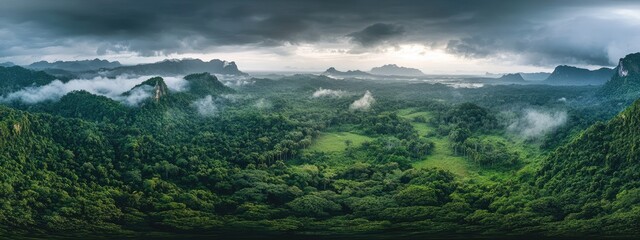 Panoramic view of a lush valley nestled between misty mountains