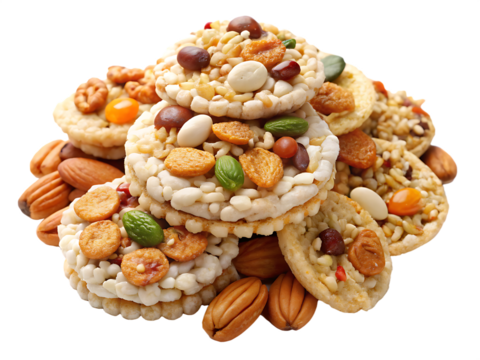 pile of Chinese Asian rice cracker mix with nuts isolated on white background. PNG