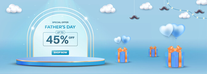 Blue Themed Fathers Day Sale Promotion with Gifts and Decorative Elements