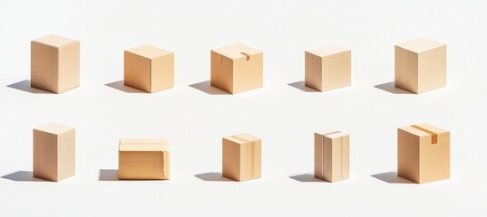 Light beige wooden and cardboard boxes in various orientations