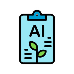 Icon of agricultural data clipboard featuring AI and a plant seedling. Represents smart farming, agri-data analysis, sustainability, modern agriculture, and technology integration in farming.