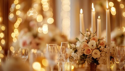 Soft-toned wedding reception centerpiece with candles and flowers