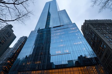 Modern skyscraper reflecting in glass facade