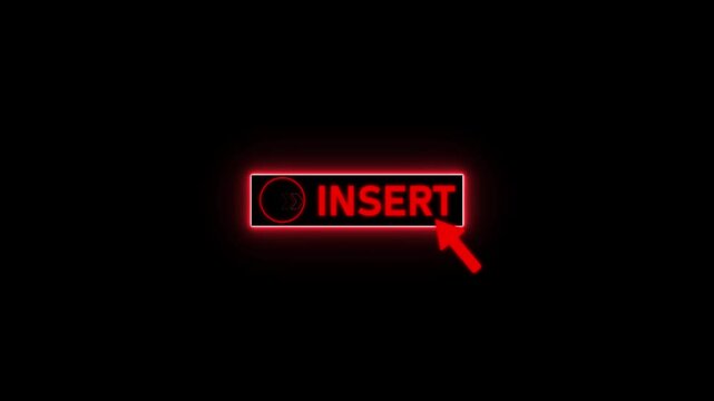 Glowing neon red color white text cursor animation. design is insert button vector sign, symbol, pointing towards download button in looping with transparent background.