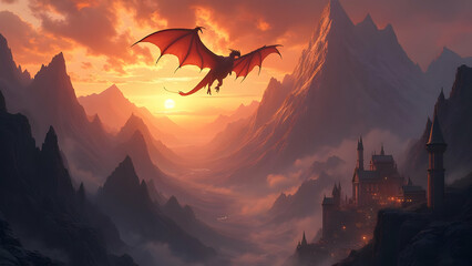 A magnificent red dragon with outstretched wings soaring over a dramatic mountain range and a mystical castle, all bathed in the fiery glow of a sunset