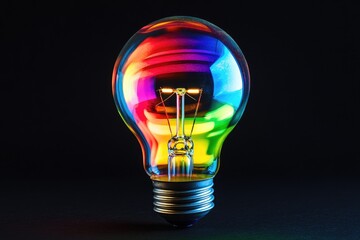 Vibrant rainbow-hued lightbulb against black backdrop