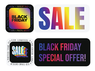 Futuristic Cyber Monday, Black Friday Sale Banners, Gradient and Bold Typography Design for Marketing Promotions, Sticker Design 