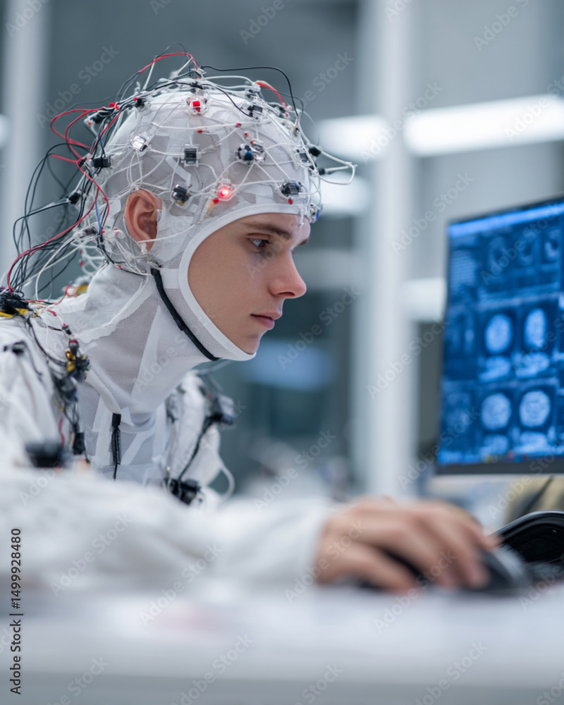 Aufkleber a man in a white suit and cap with electrodes looks at a computer screen displaying brain scans in a