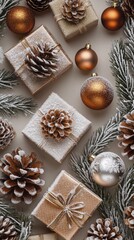 Fototapeta premium Beautifully arranged Christmas gifts, pine cones, and ornaments create a festive and cozy atmosphere, perfect for holiday-themed projects and winter celebrations.