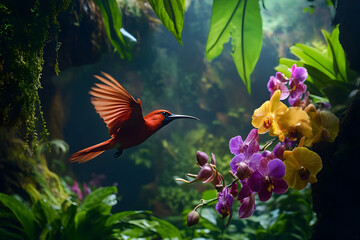 Plakat Scarlet bird with orchids in lush tropical forest setting