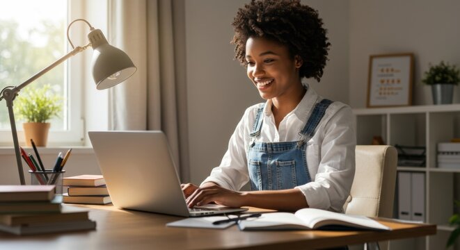 Young woman in casual overalls working from home office with a laptop for remote work and online study