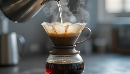Pour-over coffee brewing in progress, hot water streaming through filter, close-up, with steam and subtle reflections, modern minimal kitchen setup