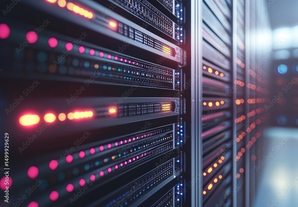 Leinwandbilder close-up of high-performance server racks with red and orange led lights in a modern data center, id