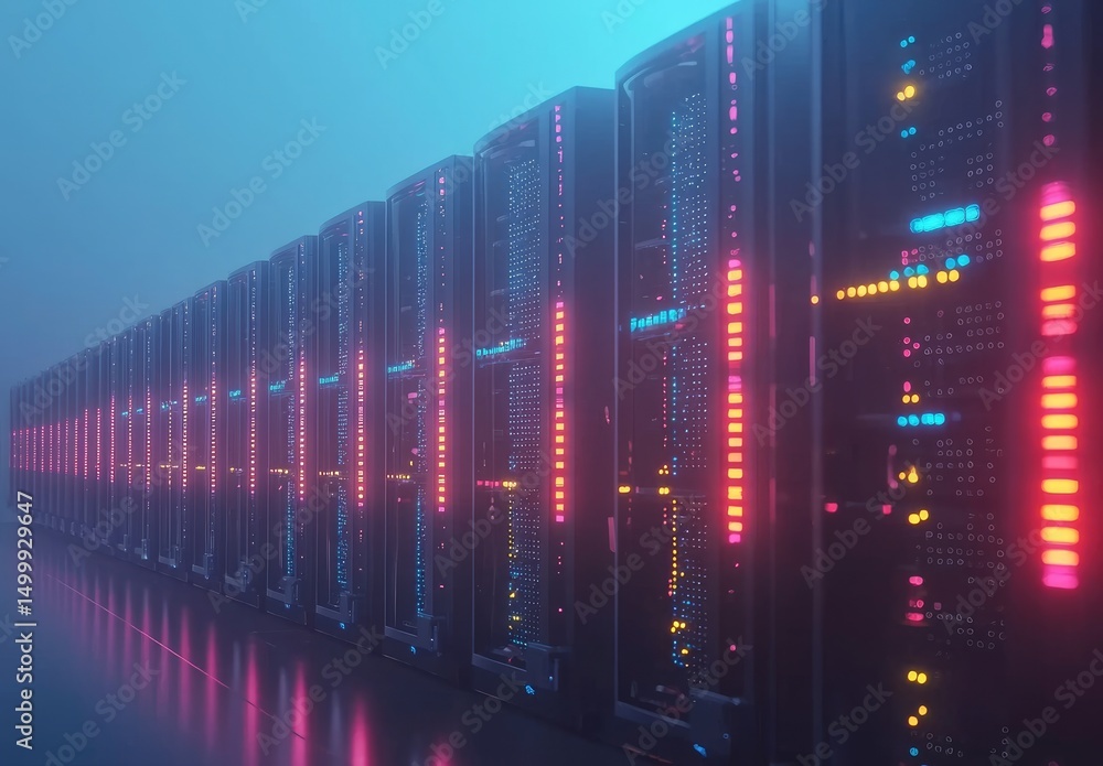 Poster Long row of high-tech servers glowing with red, blue, and yellow lights in a misty ambient data center, perfect for cloud infrastructure, network systems, and futuristic tech visuals