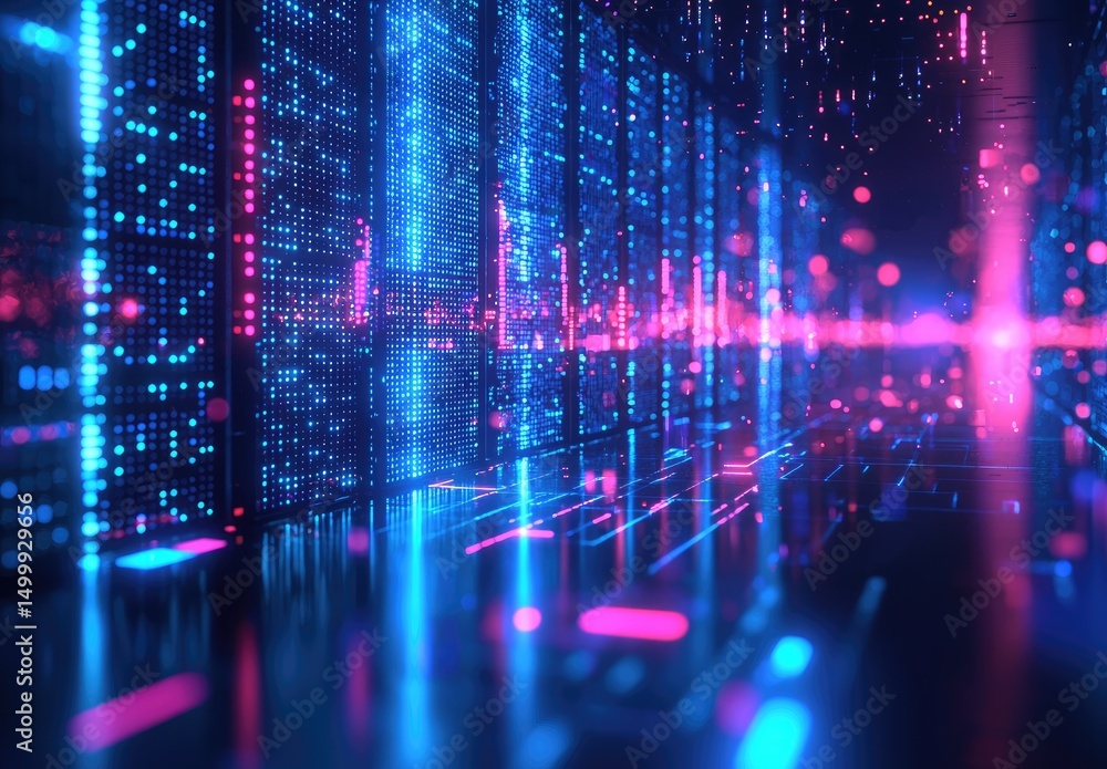 Poster Vibrant digital server environment with abstract glowing data lines in pink and blue, ideal for representing AI, quantum computing, futuristic networks, and cloud systems