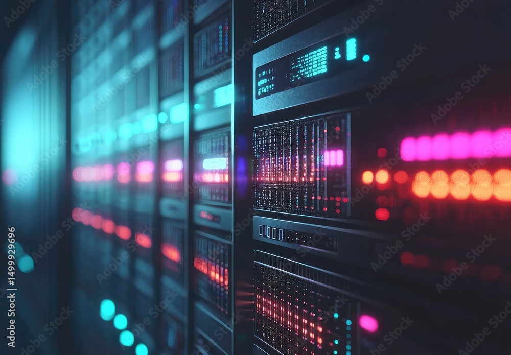 Poster Close-up 3D render of modern server racks with vibrant pink, cyan, and red indicator lights, ideal for illustrating cloud technology, data storage, and IT infrastructure concepts