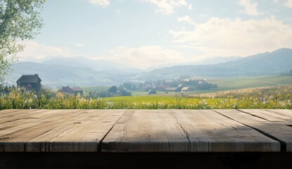 Rustic wooden table in front of a scenic mountain village