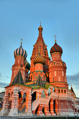 Fototapeta premium The Cathedral of Vasily the Blessed in the Red Square in Moscow during sunset, Russia. Inscription:To Citizen Minin and Prince Pozharsky grateful Russia 1818