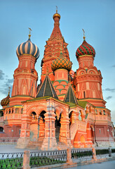 Fototapeta premium The Cathedral of Vasily the Blessed in the Red Square in Moscow during sunset, Russia. Inscription:To Citizen Minin and Prince Pozharsky grateful Russia 1818