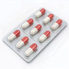 Red and white capsules in blister pack isolated on white background
