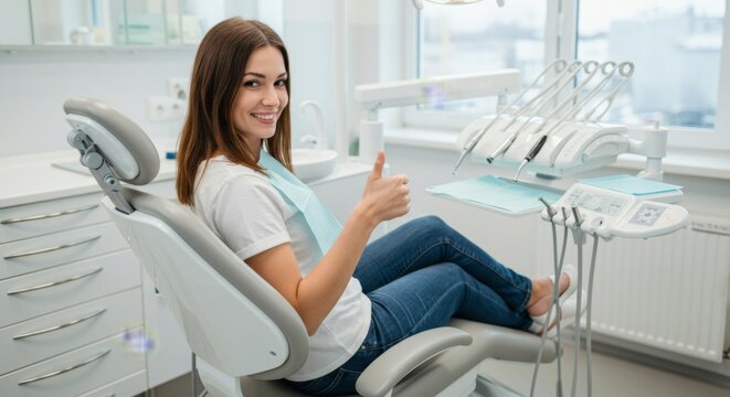 Happy woman at dental clinic giving thumbs up during routine checkup