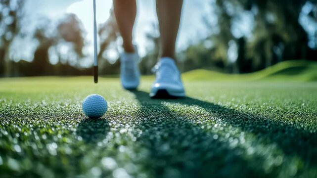 Preparing to putt: Focus on the golf ball and upcoming swing on green grass