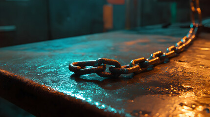 Steel chain on textured surface with atmospheric lighting effects