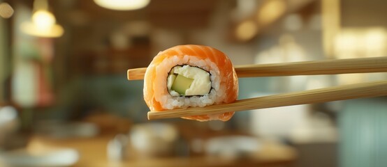 Salmon sushi roll held with chopsticks in Japanese restaurant interior
