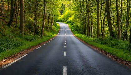 Fototapeta premium Asphalt road in the green forest with trees and rays of light