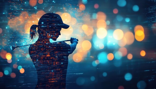 Silhouette of a female golfer, overlaid with digital data, vibrant bokeh