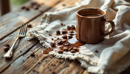 Spilled hot chocolate in rustic mug on linen cloth for International Chocolate Day